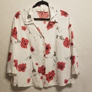 VTG Studio Works XL Top 100% Linen Pink Floral Office Cottagecore Boho 90s Retro